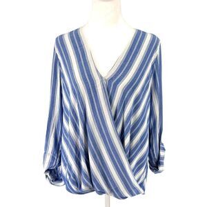 Kut From The Kloth Blue & White Striped V-Neck Blouse Sz M EUC
